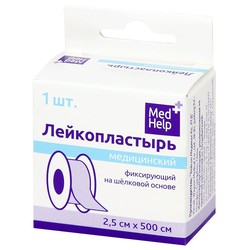 Лейкопластырь медицинский фиксирующий Medhelp на шелковой основе катушка р. 2.5смх500см 1 шт.