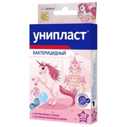 Лейкопластырь бактерицидный Унипласт детский Единороги набор 2 размера (1.9х7.2 см 12 шт + 1.6х5.7 см 8 шт) на пленочной основе 20 шт.