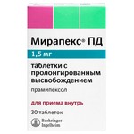 Мирапекс ПД, таблетки пролонгированного действия 1.5 мг 30 шт
