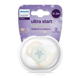 Соска-пустышка силиконовая 1 шт. Philips Avent ортодонтическая ультра старт найт для новорожденных 0-2 мес с футляром