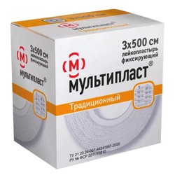 Лейкопластырь фиксирующий Мультипласт традиционный на тканевой х/б основе р. 3смх500см 1 шт.