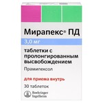 Мирапекс ПД, таблетки пролонгированного действия 3 мг 30 шт