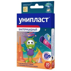 Лейкопластырь бактерицидный Унипласт детский Космический набор 2 размера (1.9х7.2 см 12 шт + 1.6х5.7 см 8 шт) на пленочной основе 20 шт.