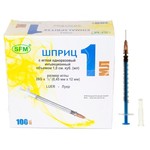 Шприц туберкулиновый, 1 мл р. 0.45ммх12мм 26G 100 шт арт. 4036534210024 с синим поршнем трехкомпонентный с надетой иглой