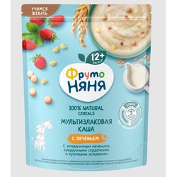 Каша молочная Фрутоняня сухая мультизлаковая с земляничным печеньем кукурузными сердечками и кусочками земляники 200 г