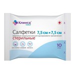 Салфетки марлевые стерильные, Клинса р. 7.5смх7.5см 10 шт 28 г/м2 8 сложений групп.упак.